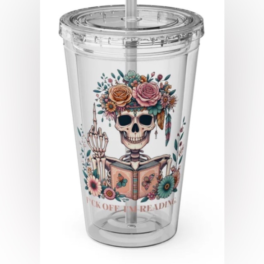 Floral Skull Design “F*ck Off I’m Reading” Tumbler with Straw